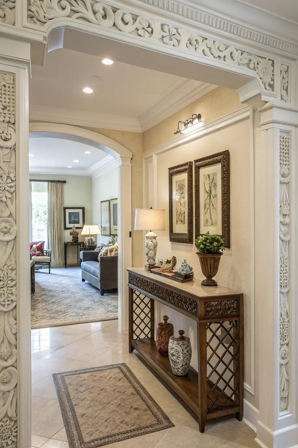 An inviting entranceway enhanced with ornamental trim.