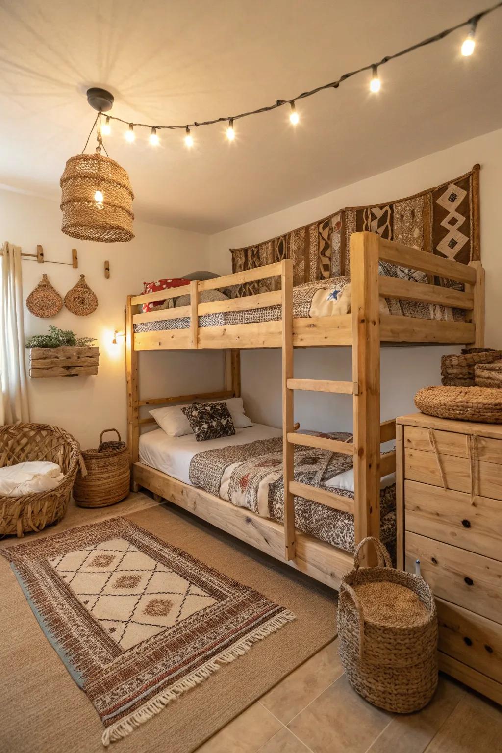 Country style with a wonderfully crafted wooden triple bunk.