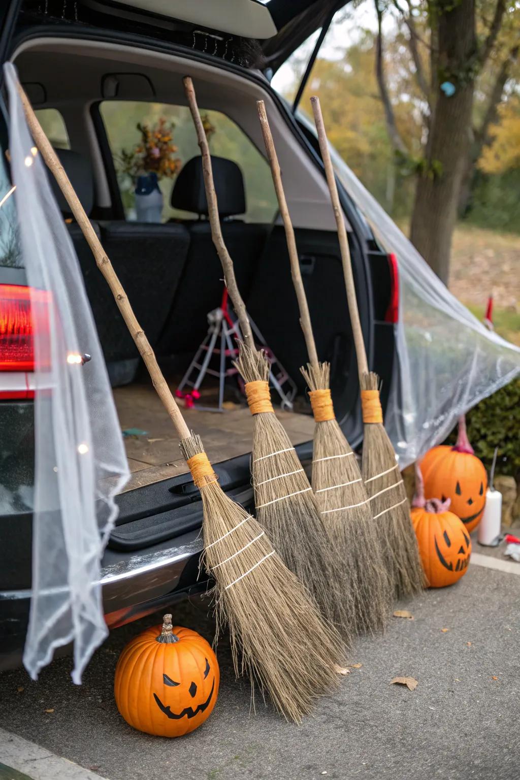 Riding staff parking introduces a whimsical feature to your witch-inspired theme.