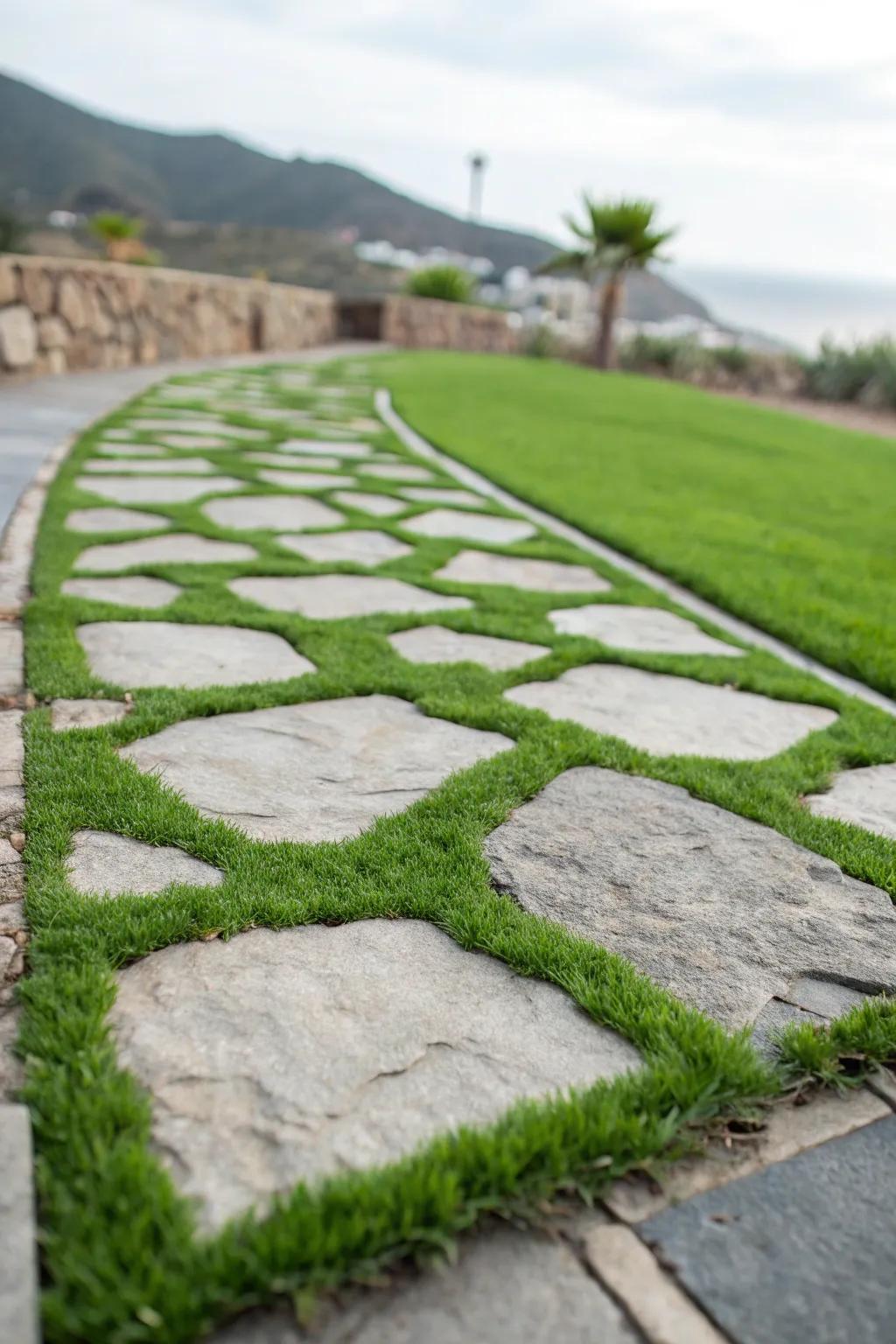 An inviting walkway featuring synthetic lawns nestled between stones.