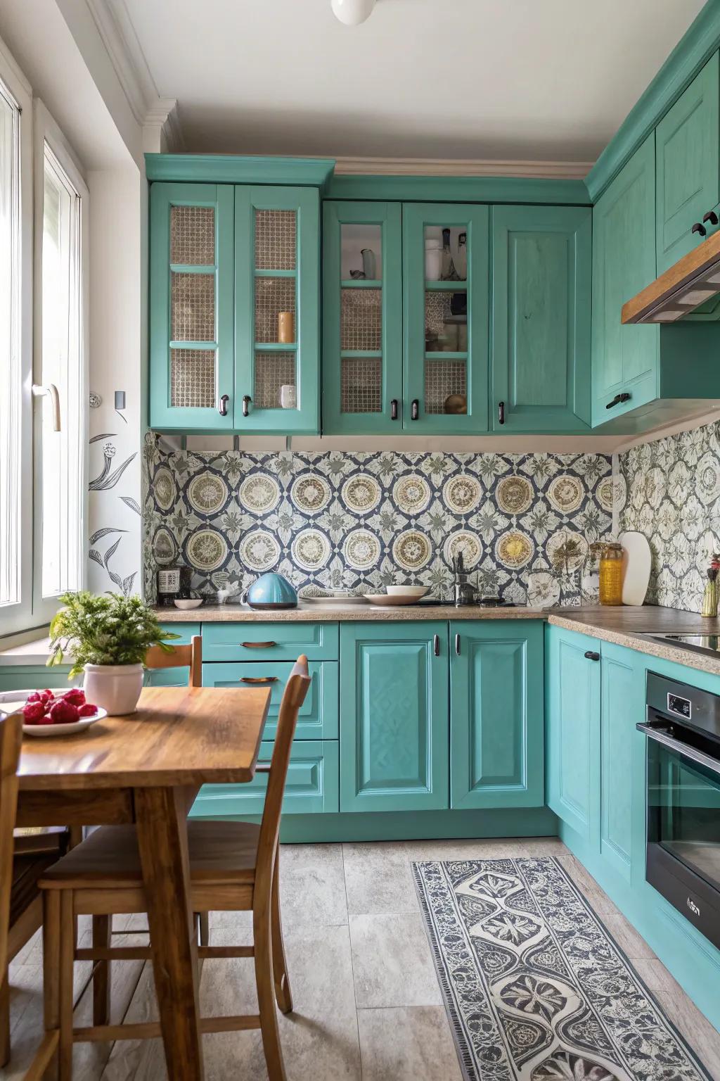A lively backing introducing texture to a turquoise-themed cooking area.