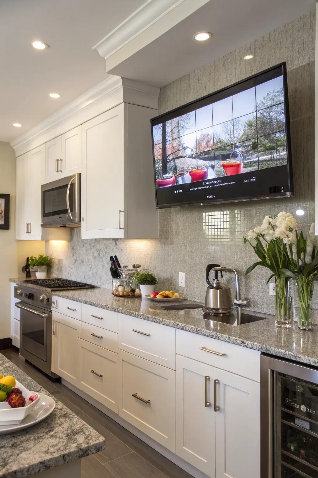 A wall-secured television in a cooking area, saving ground space and adding flair.
