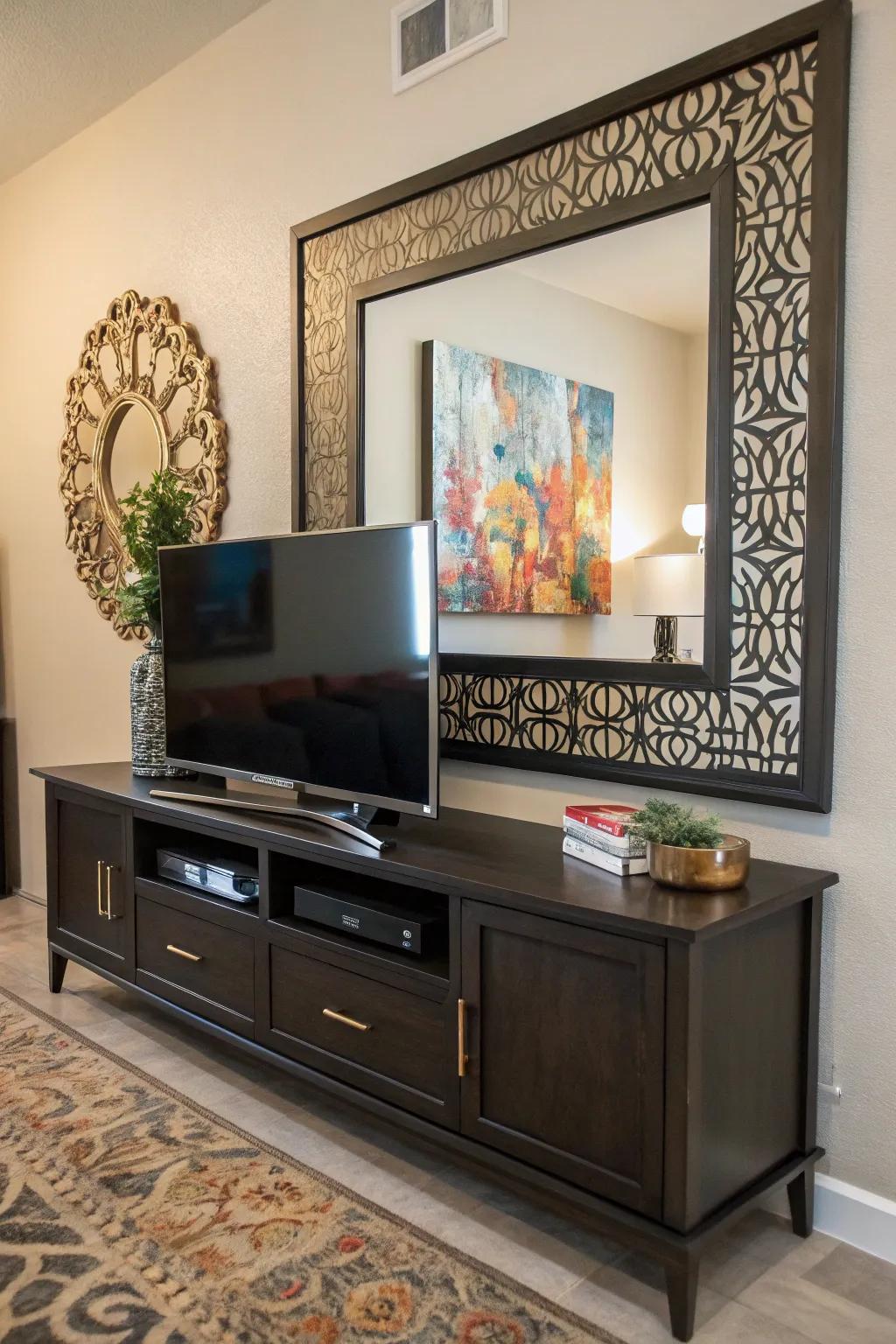 Artwork or reflective surfaces creating an impressive point of interest over the television.