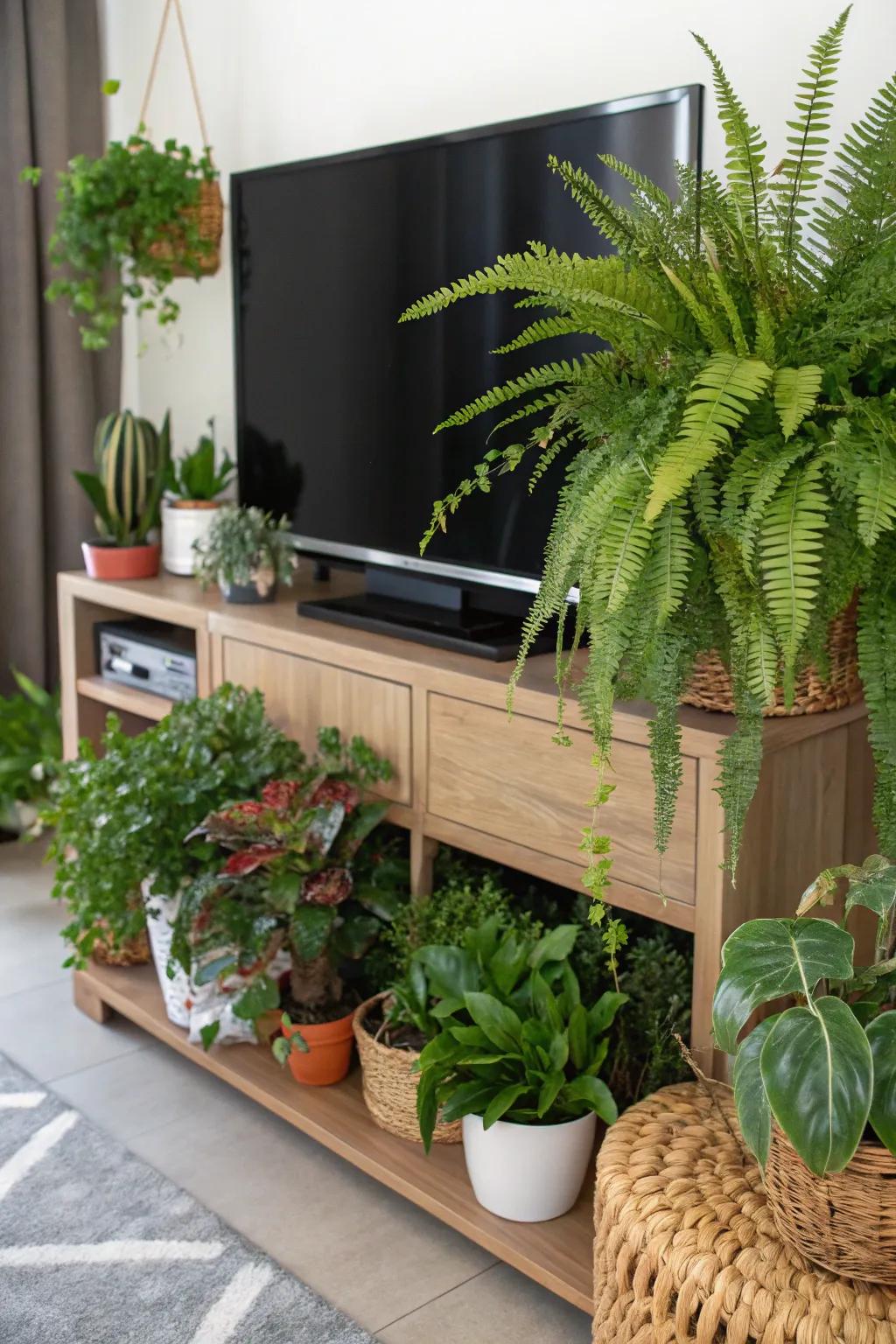 Foliage contributes a refreshing and organic touch to the TV stand.
