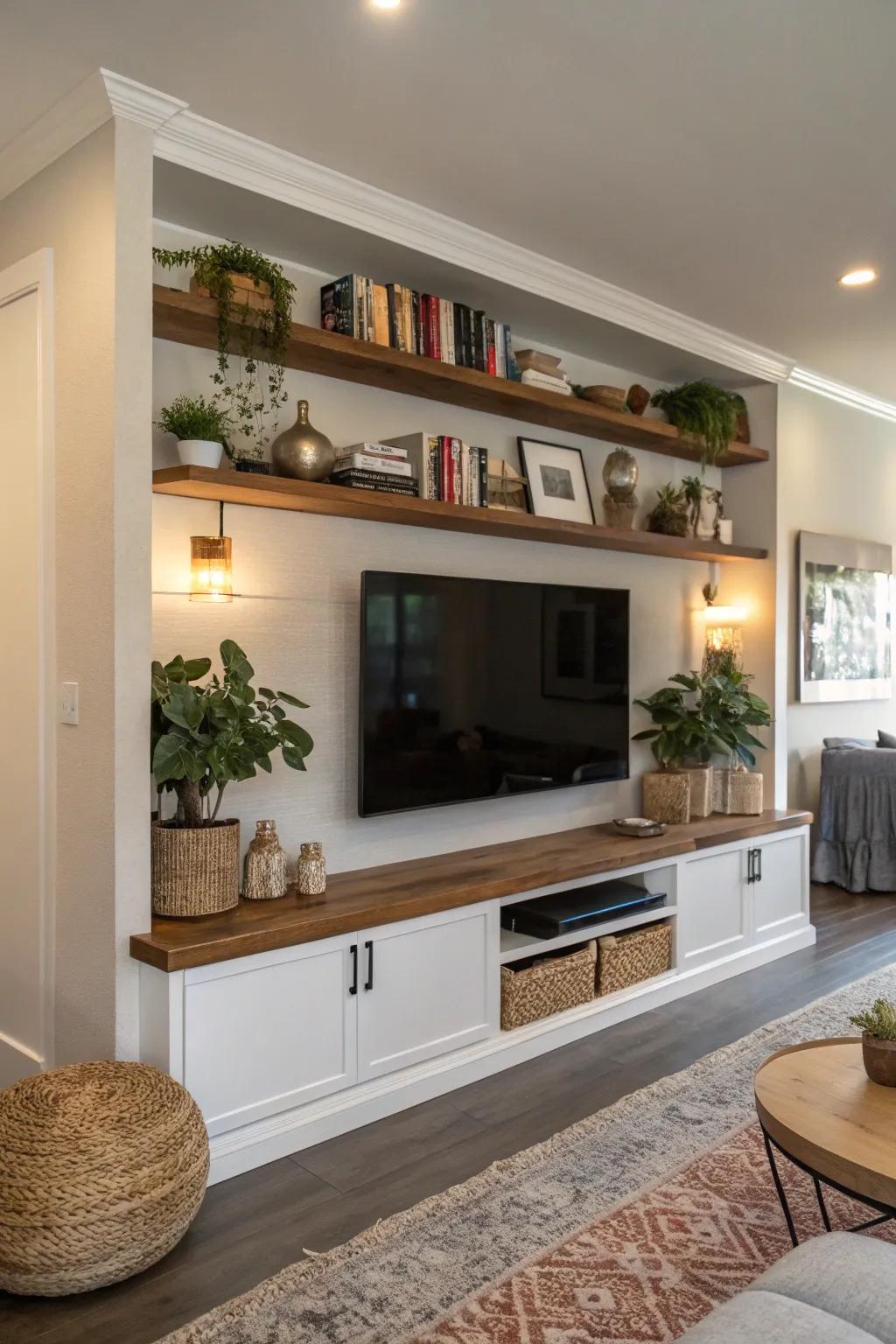 Wall boards that seem to float add an airy sensation to this TV wall.