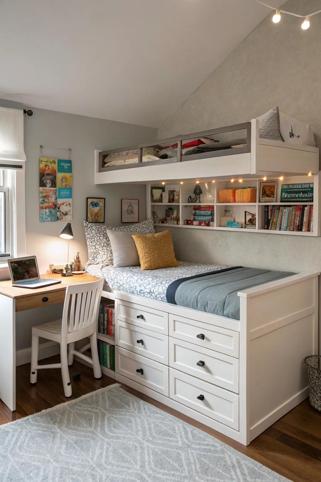 A space-efficient room featuring furniture like a storage bed and versatile desk.