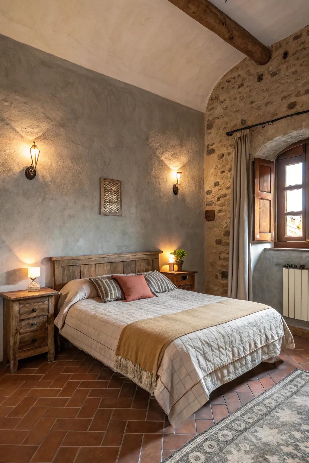 A snug bedroom featuring clay earth and pale granite walls, radiating warmth and comfort.
