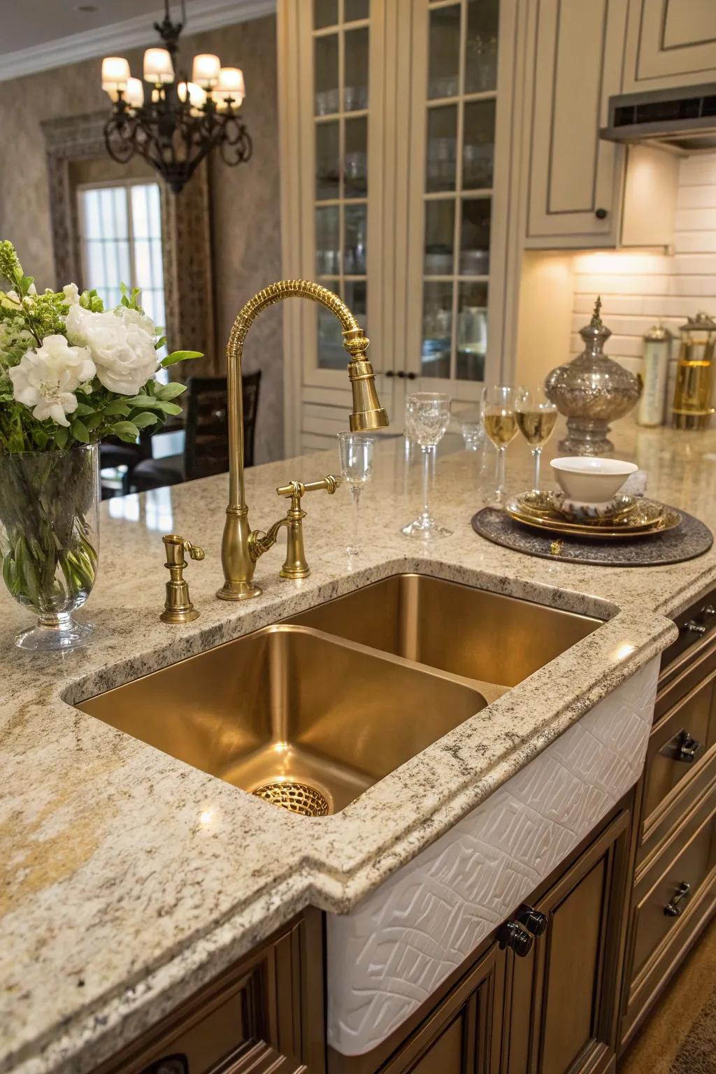 A brass undermount sink delivering a bold impression in an elegant kitchen.