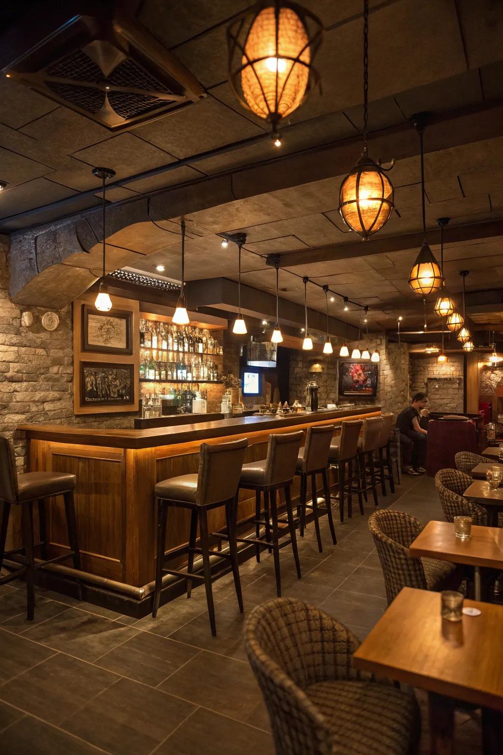 Pendant lighting enriches the ambiance of a basement bar.