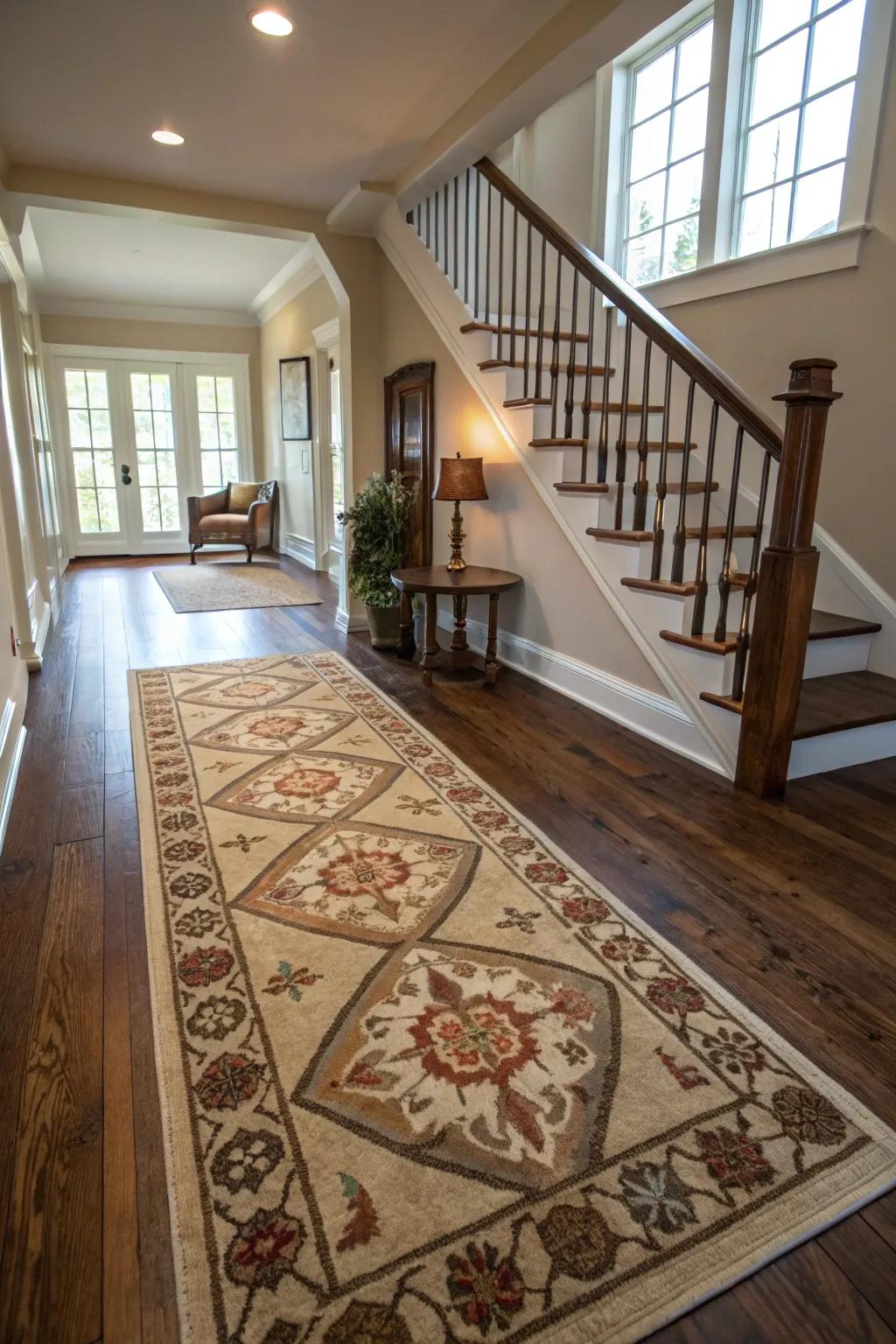A patterned carpet injects warmth and connection to the upper hallway.