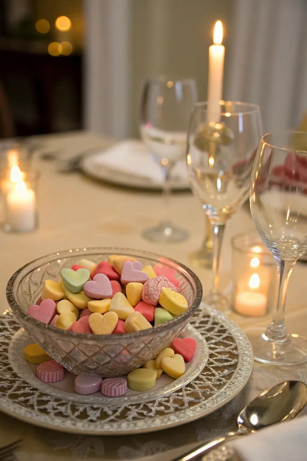 Heart-shaped sweets include a sugary touch to the table.