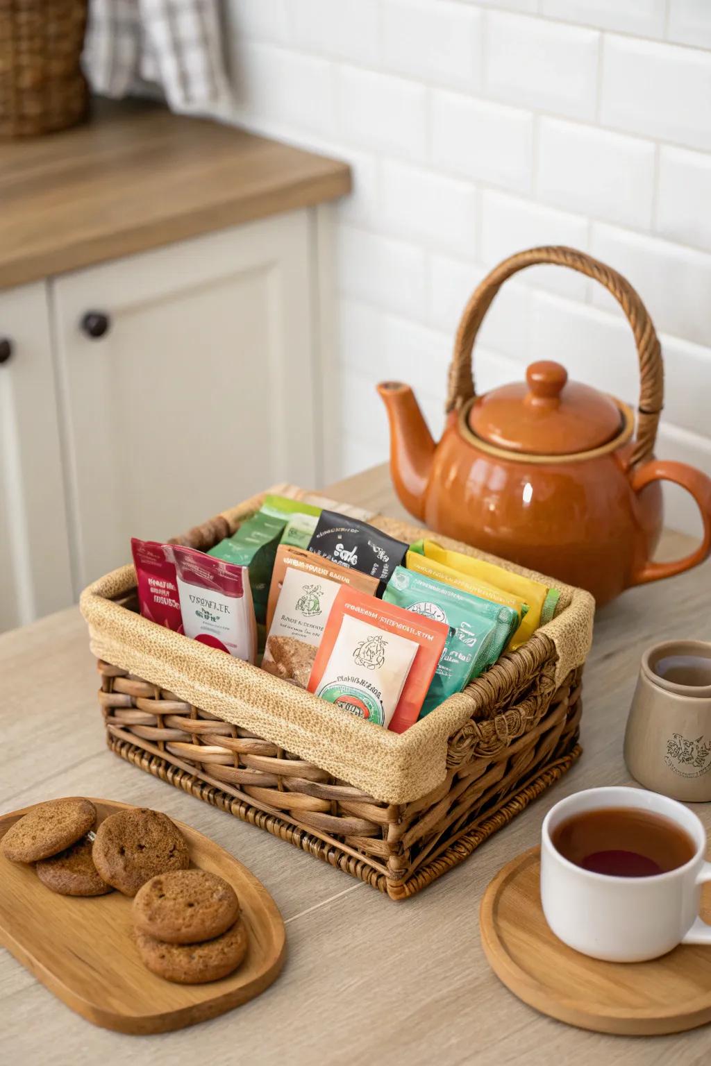 An enchanting tea time basket filled with delightful treats.