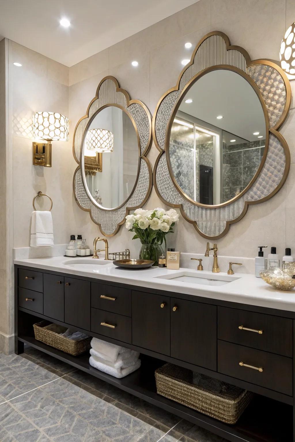An artistic lavatory with innovatively shaped mirrors.