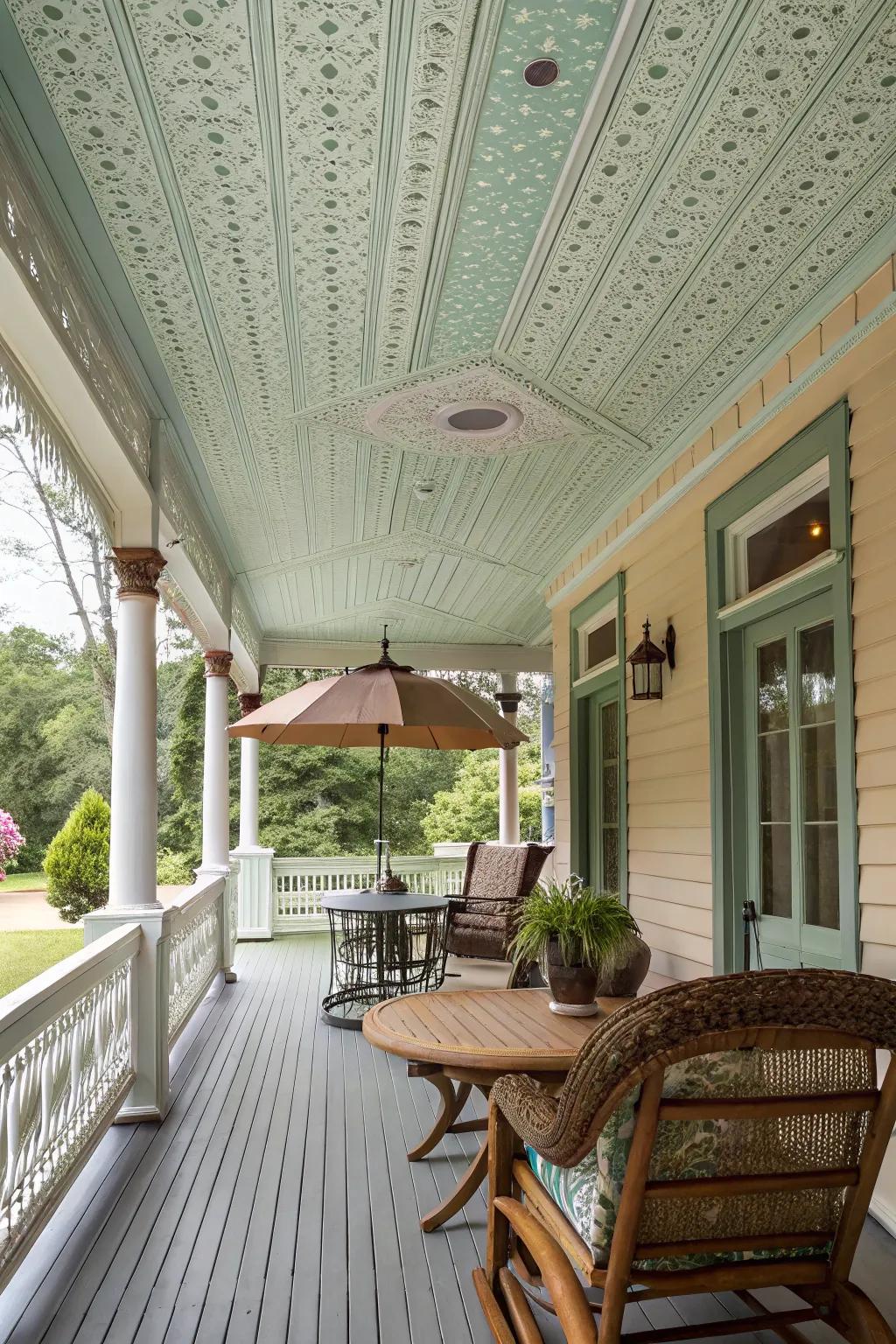 Timeless allure is achieved with a painted beadboard overhead.
