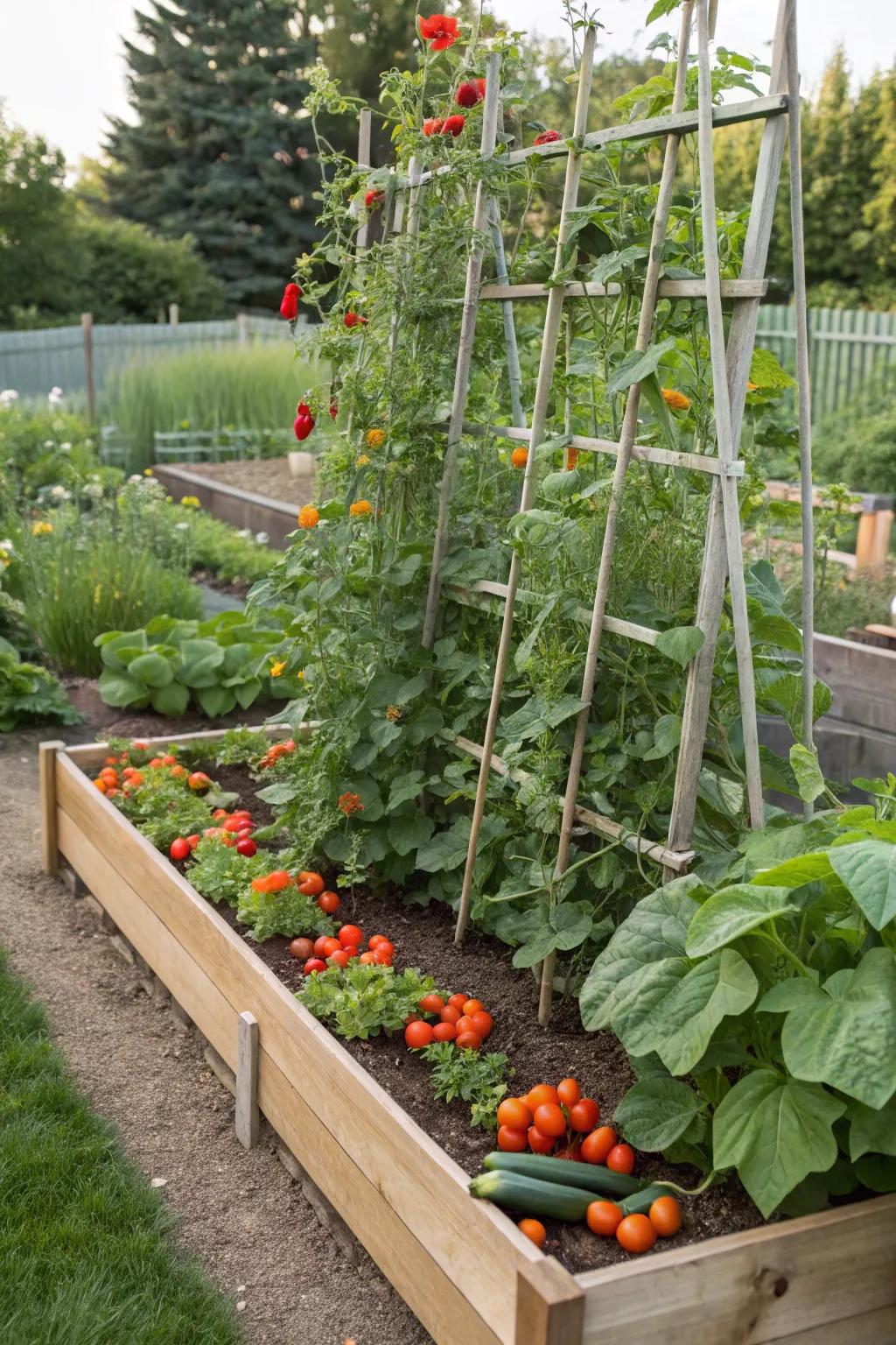 Maintain garden order with elevated beds and trellises.