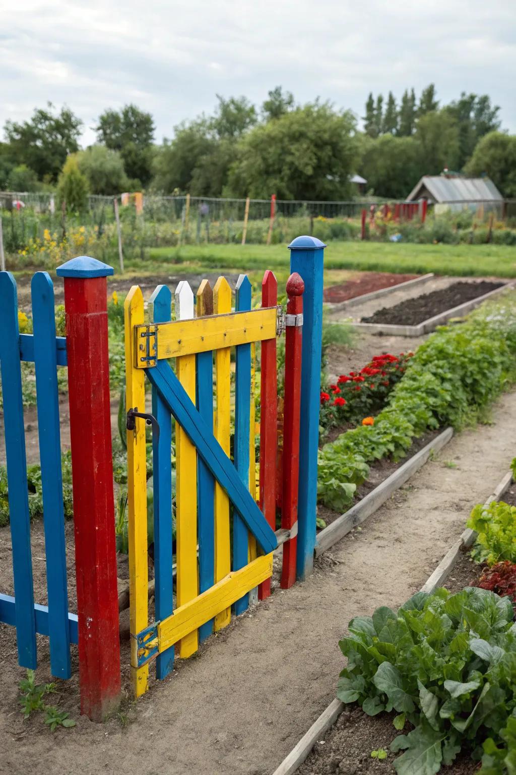A funky colored gate bringing excitement to the garden.