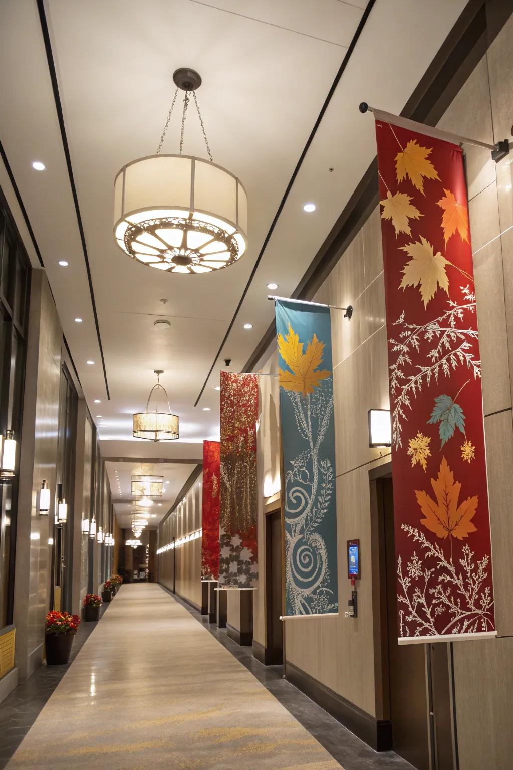 Seasonal vertical banners append a dynamic element to a hallway.