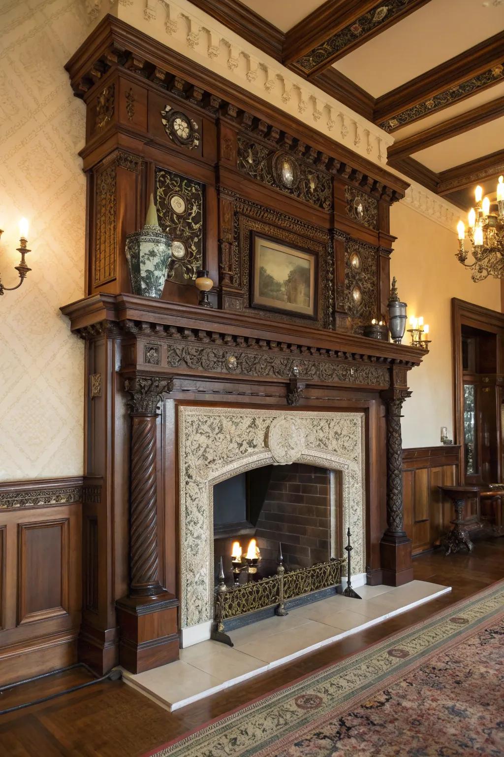 A decorative fireplace amplifies the chamber's historic enticement.