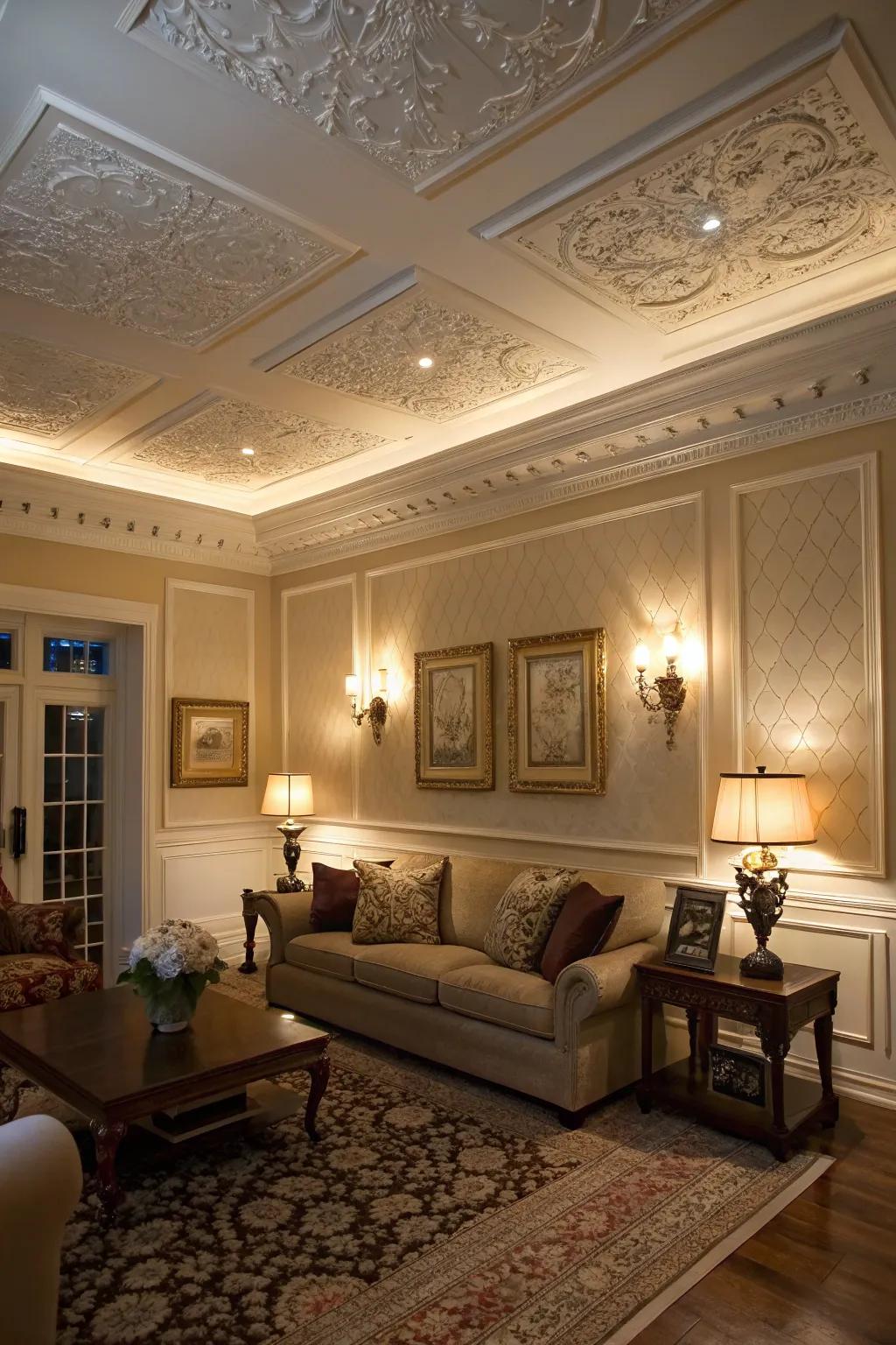 Decorative trim enhances ancient grandeur to this Victorian-styled room.