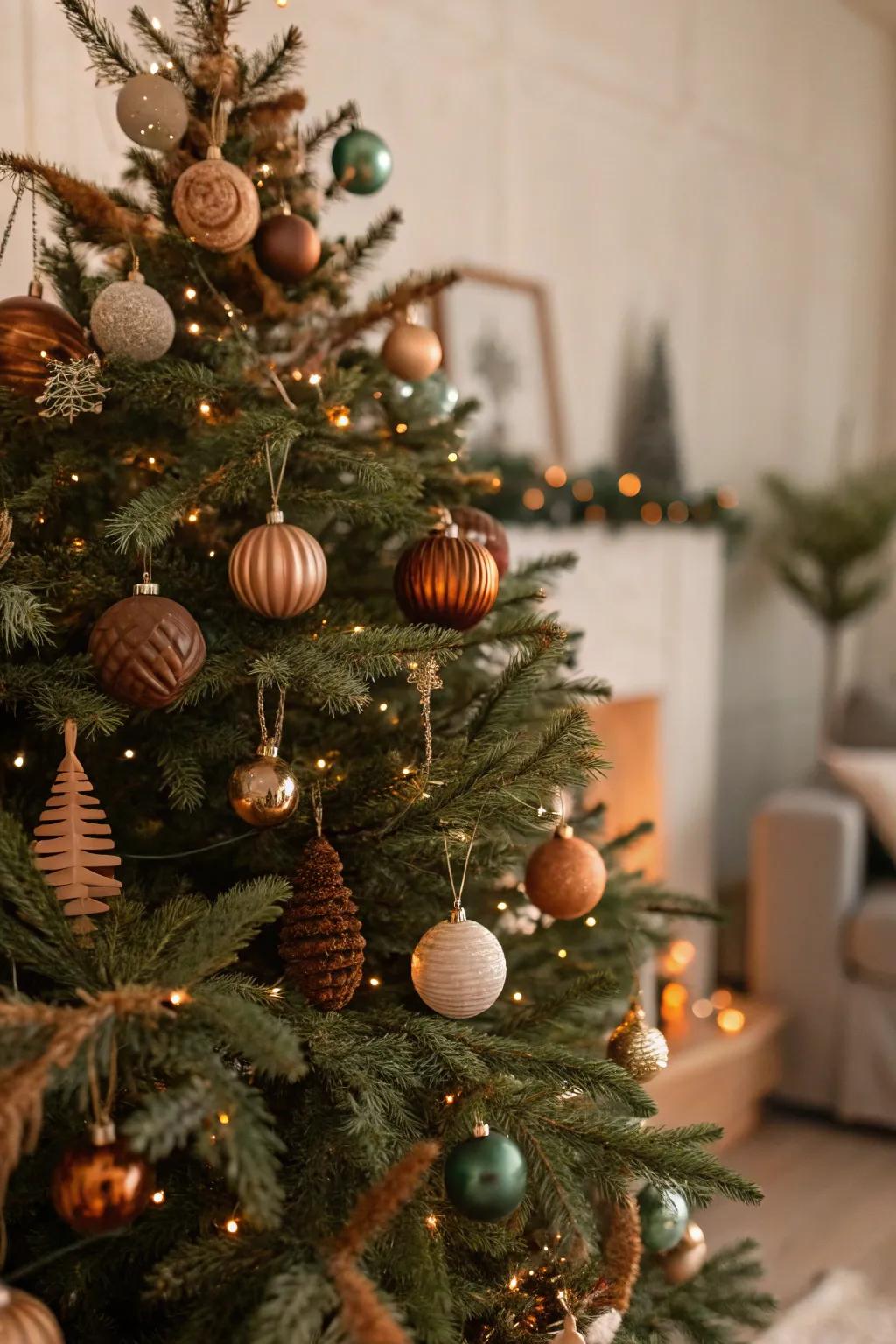 Muted colors evoke nostalgia on this vintage Christmas tree.