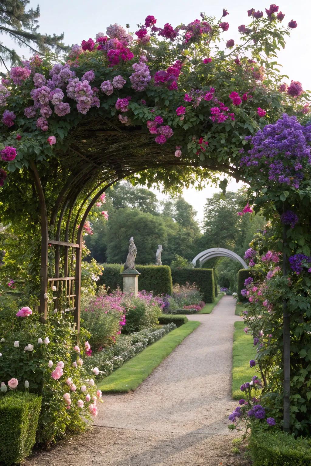 Flowering arches inject vibrant color and scent into your garden path.