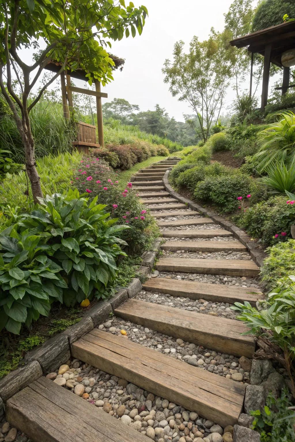 Lifted treads inject a dramatic nuance into any garden walkway.
