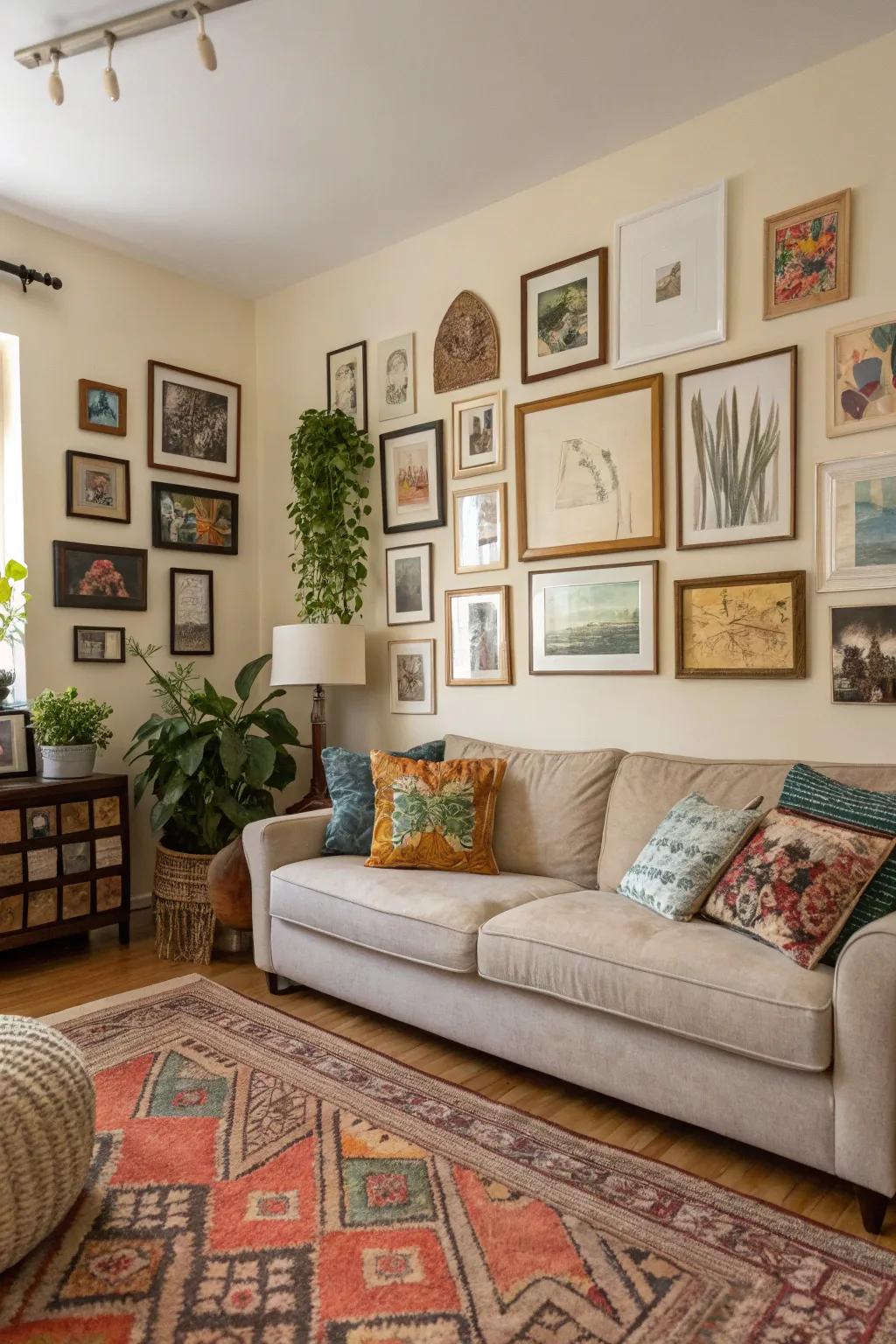 A living room showcase wall with a mix of art styles.