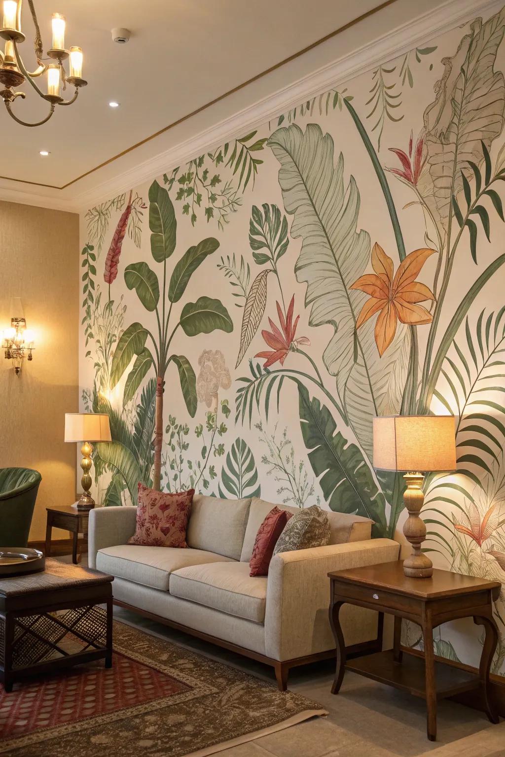 Celebrate nature inside with a lively botanical mural.