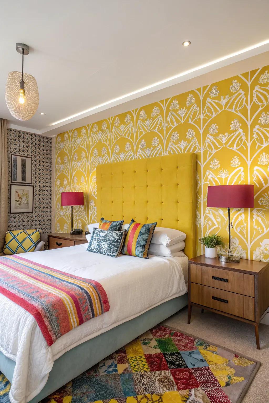 Bright colors infuse energy and liveliness into a bedroom space.