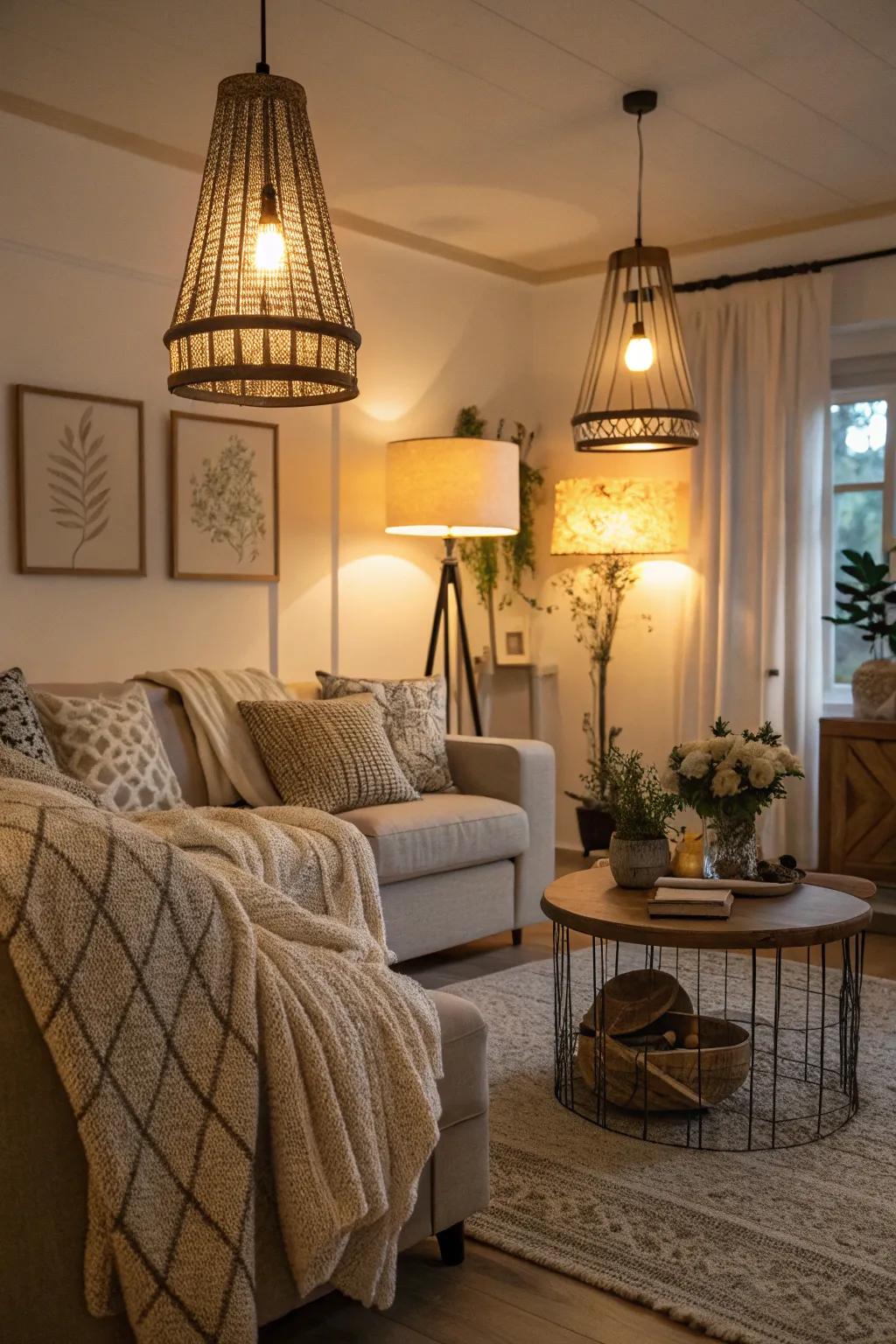 Inviting illumination amplifies the cozy sensation of a neutral living area.