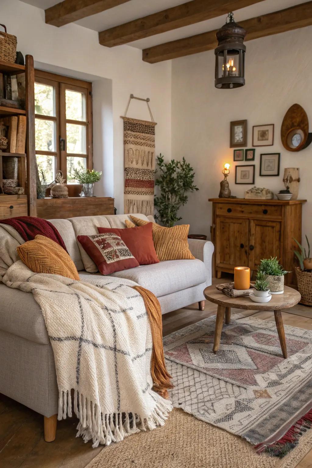 Textiles amplify warmth and snugness within the lounge.