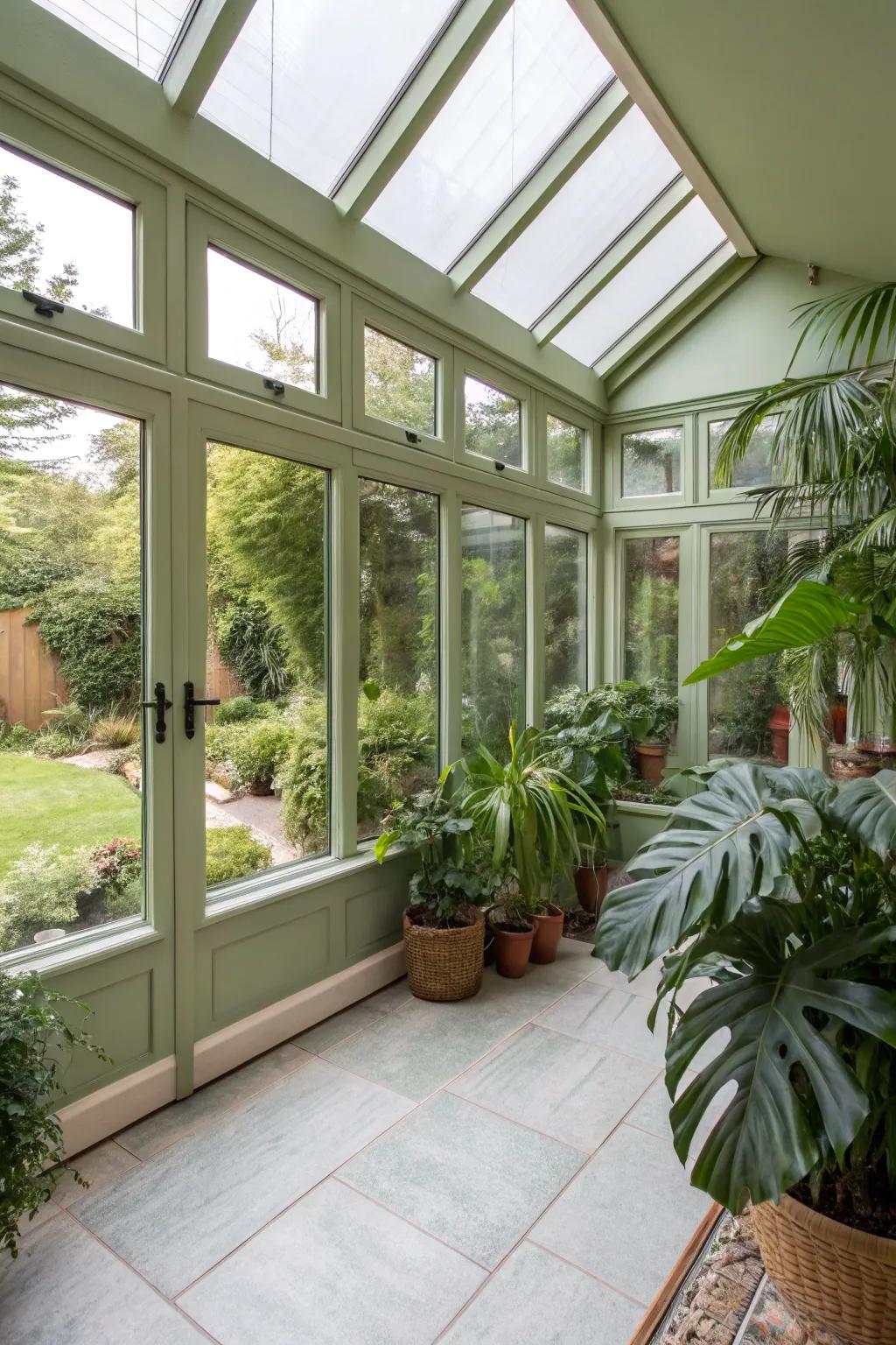 A calming olive shade sunroom, harmoniously blending with nature.
