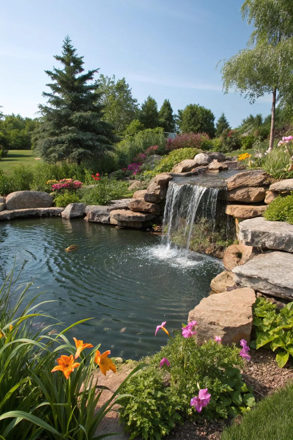 A water feature emptying into a pond introduces peace and attracts wildlife.