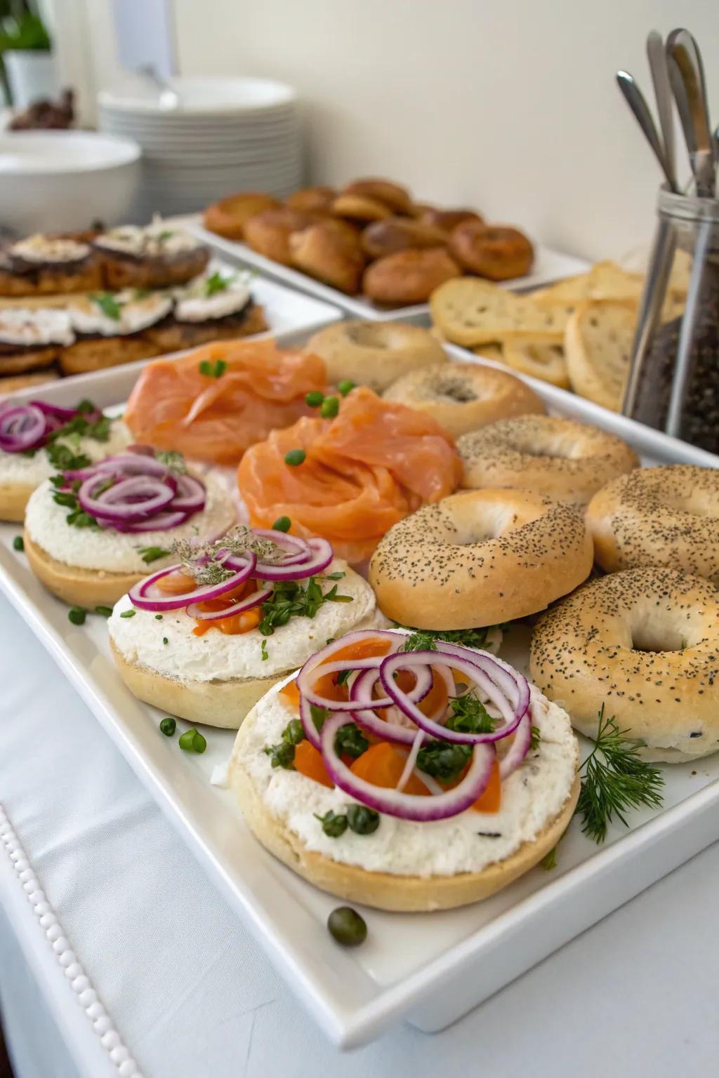 A creative bread roll station offering different toppings and spreads for wedding guests.