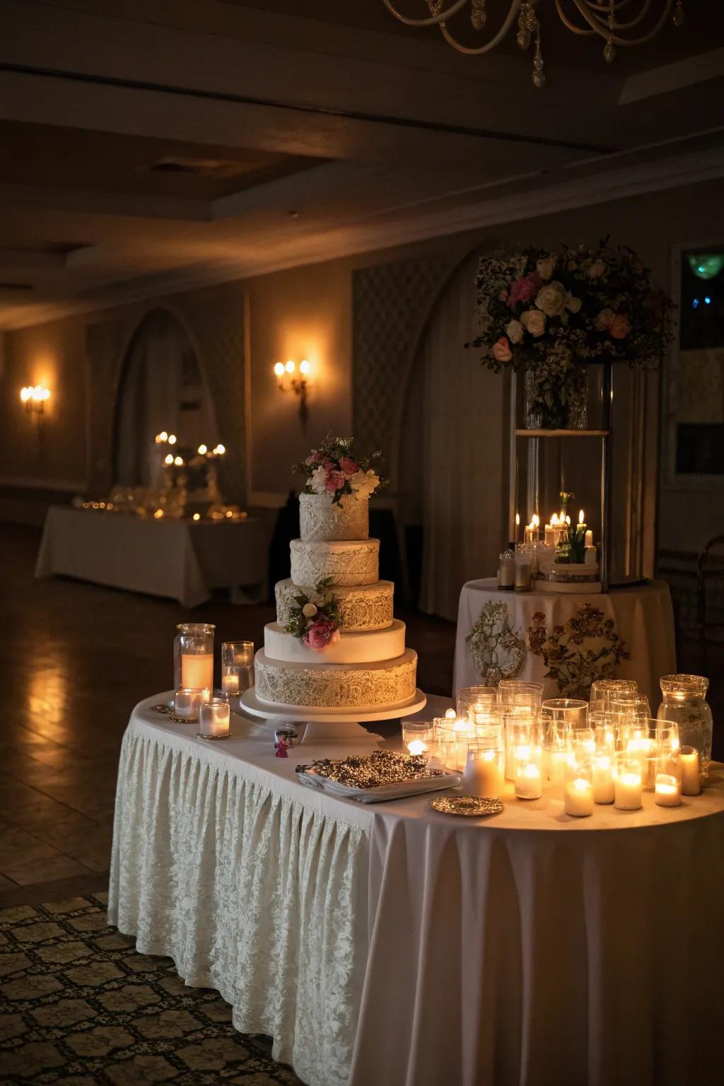 A wedding cake display enhanced by the inviting glow of candlelight.
