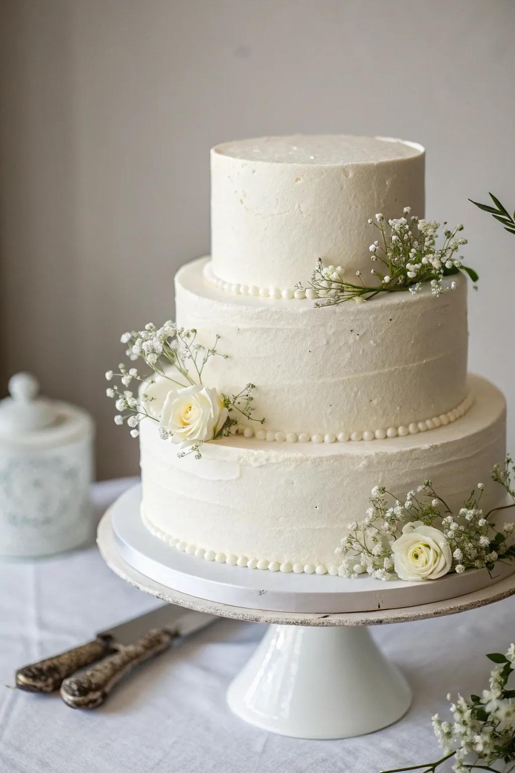 An understated white cake that radiates sophistication and chic style.