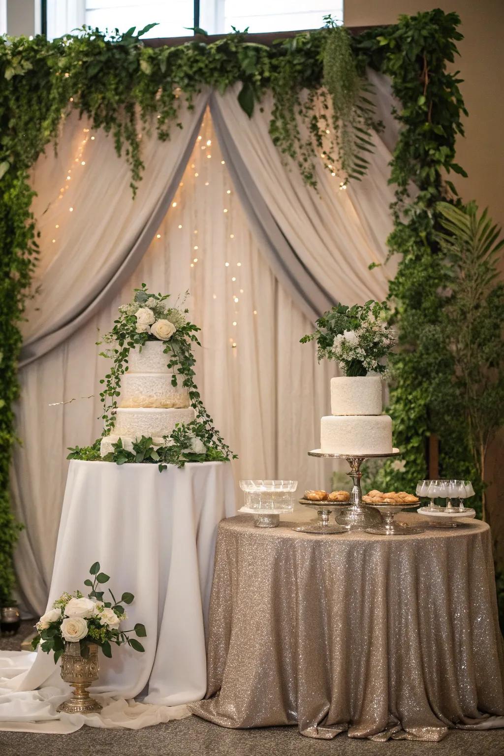 A stylish backdrop framing the cake table.