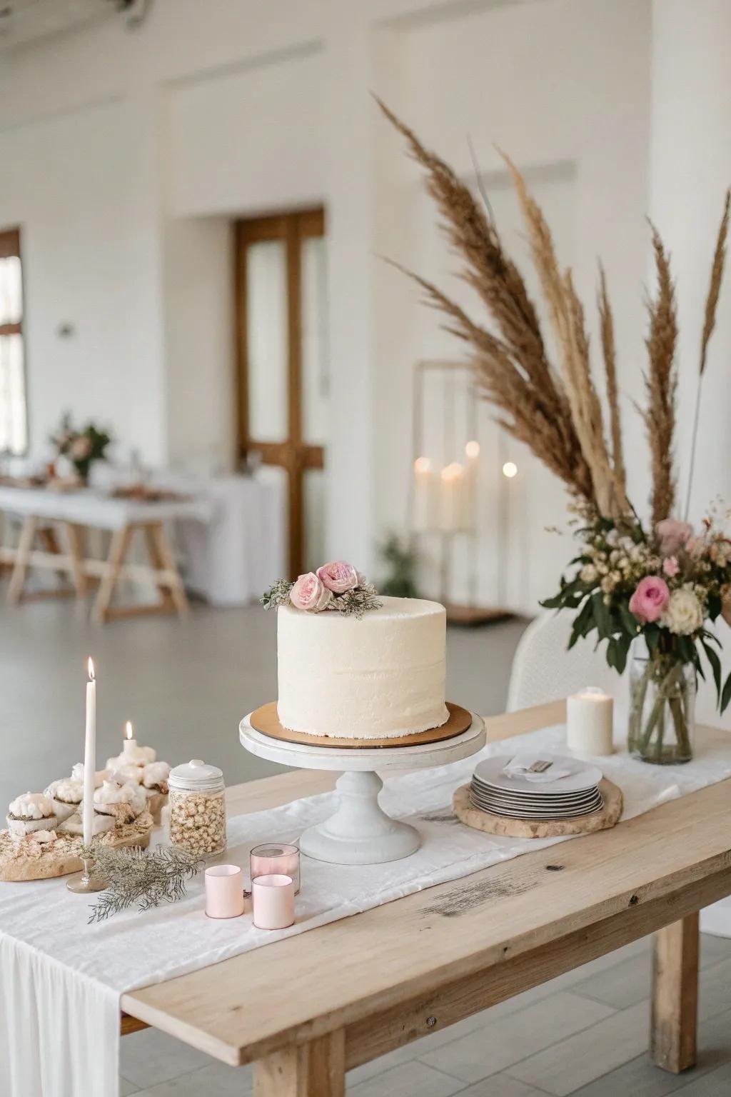 A minimalist wedding cake table with a simple, elegant arrangement.