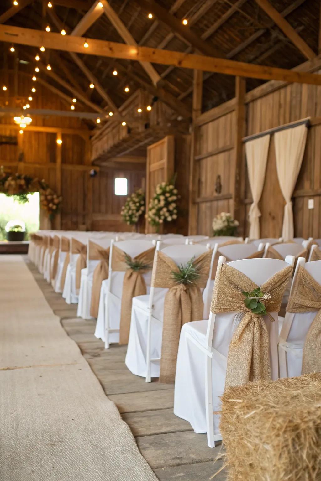Hessian dressings contribute a rustic charm to countryside weddings.