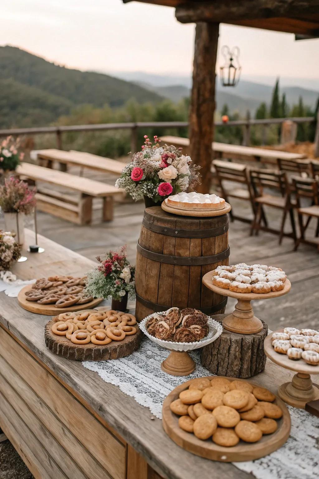 A down-to-earth themed wedding dessert station featuring lumber accents.