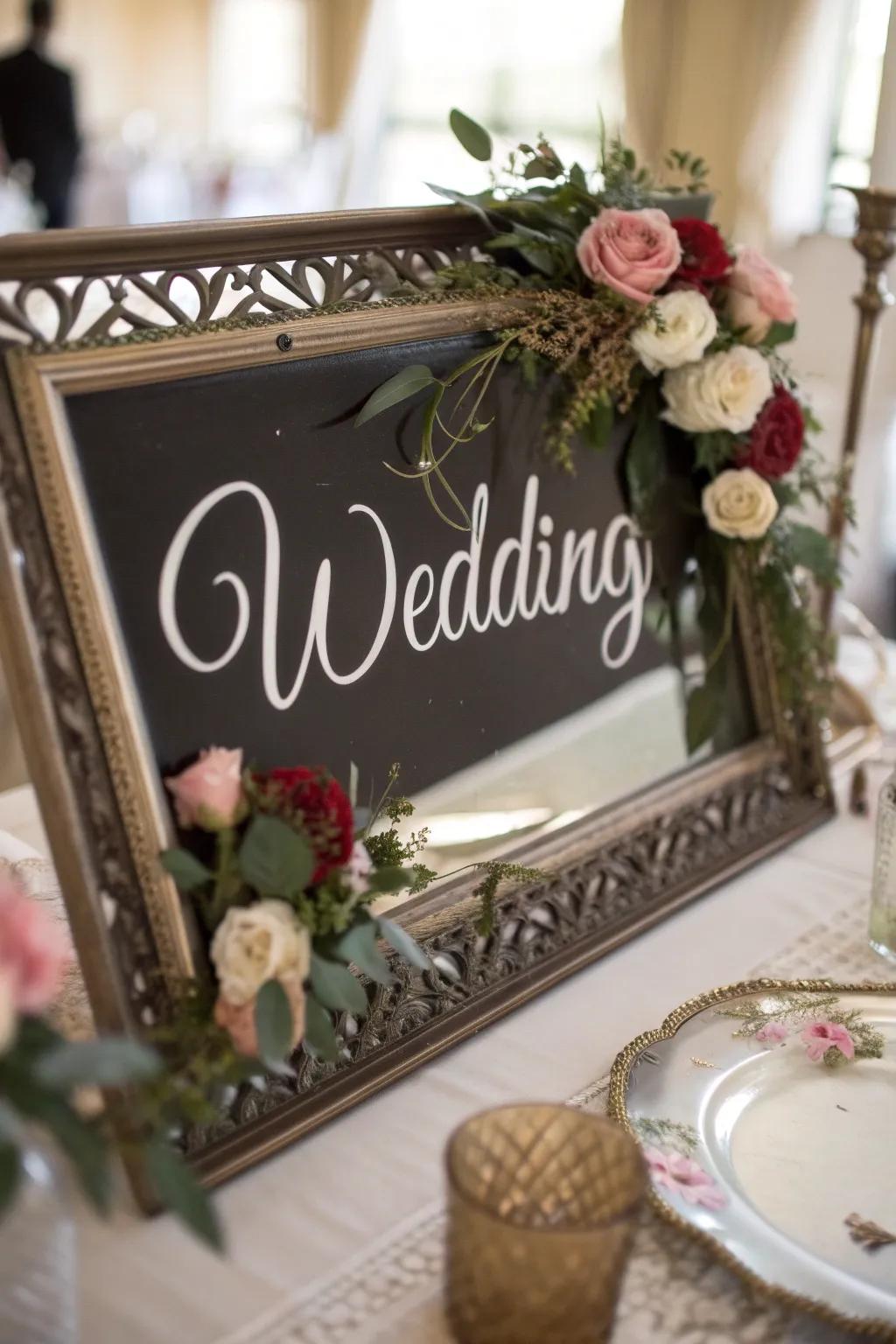 An ornamental wedding sign displayed on an antique looking glass, adding a personal detail to the decorations.