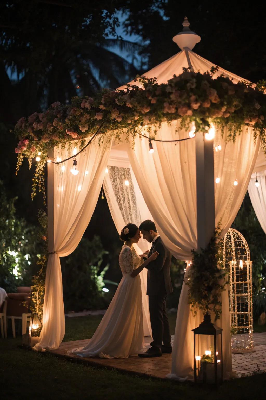 Design a personal ceremony space using a romantic fabric shelter.