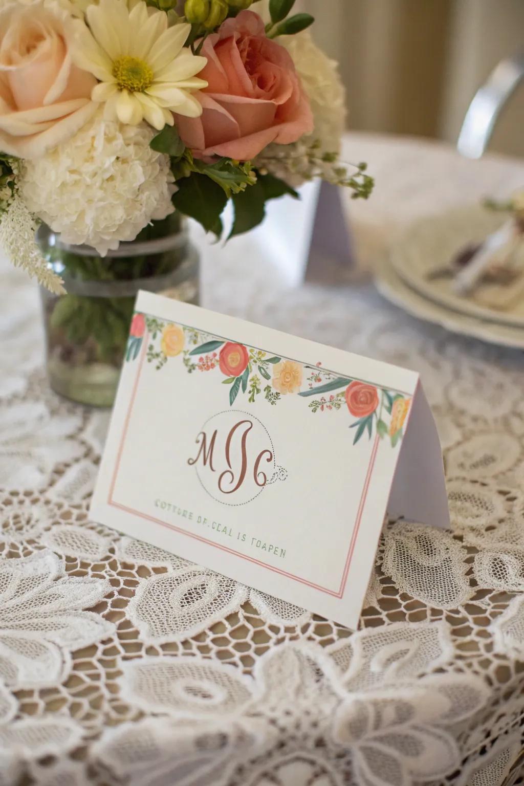 A personalized registry card with initials and colors that match the wedding theme.