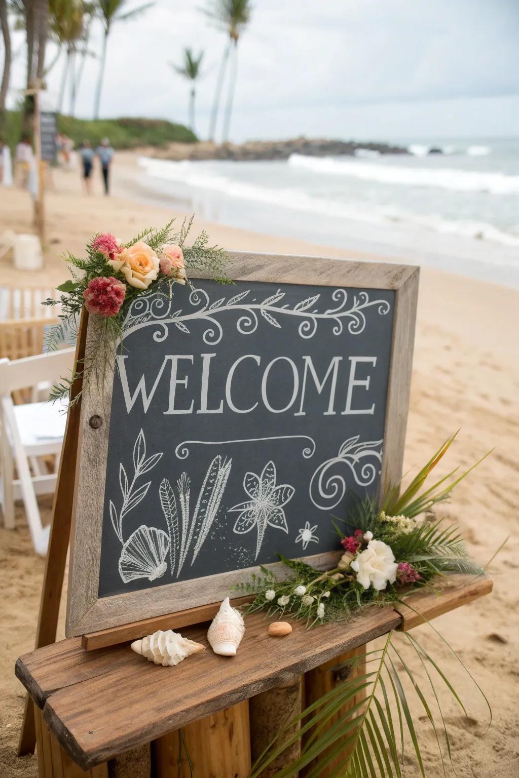 A casual blackboard welcome board with hand-drawn designs, perfect for a beach wedding.