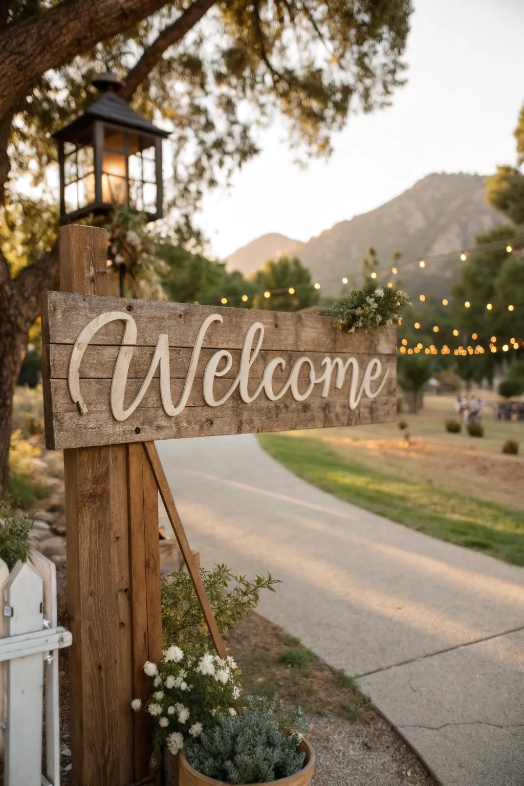 A wooden welcome sign sets the tone for a western celebration.