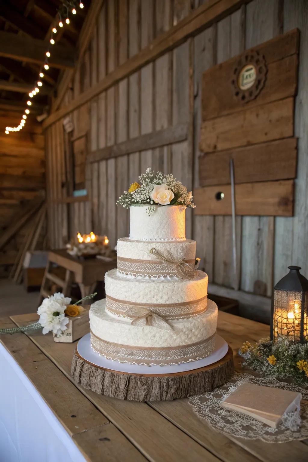 Cake swathed in lace and burlap for a country feel.