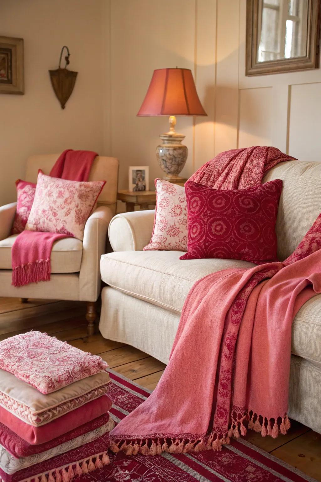 Lounge decorated with pink and soft red decorative features.