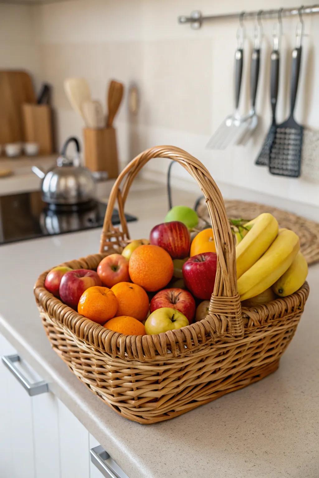 Introducing a basket filled with fresh fruits imparts a lively and functional charm to your cooking area.