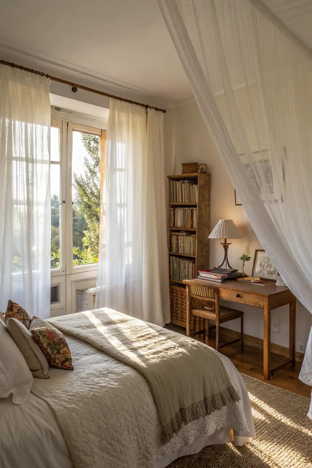 See-through ivory drapes optimize sunlight, elevating the chamber's warmth.