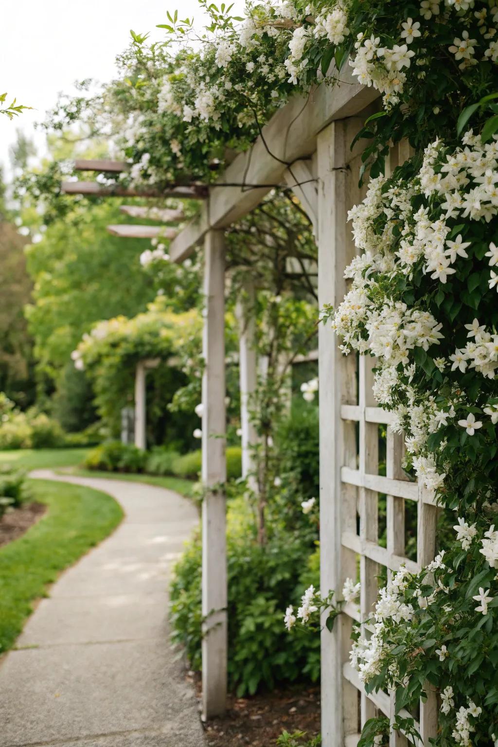 Pale jasmine on a frame fills the garden with a sweet aroma.